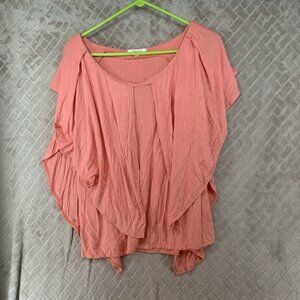 Studio 101 Women L Blouse Coral Orange Short Sleeve Ruffle Boho Hippie Lagenlook
